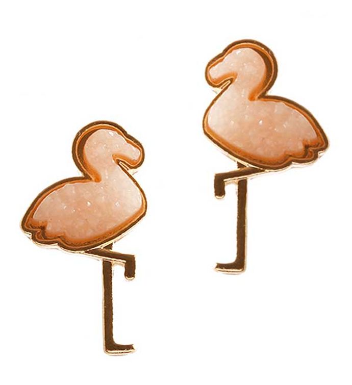 Baby Pink Druzy With Gold Flamingo Earring